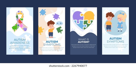 Afiches de sensibilización y banners web, ilustraciones vectoriales planas. Folletos médicos con información sobre síntomas de autismo.