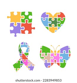 Autism spectrum disorder awareness symbols and icons, flat vector illustration isolated on white background. Set of signs in shapes of ribbon, heart, puzzle and butterfly. Colorful jigsaw icons.