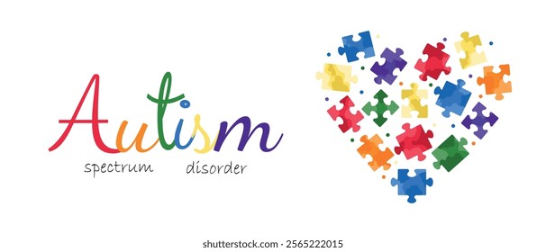 Autism spectrum disorder background banner design. Hand drawn vector illustration in flat style. Red, green, blue,yellow, purple and orange jigsaw puzzles heart design. Autism awareness day