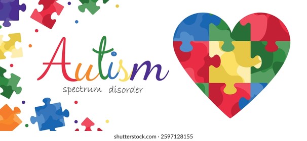 Autism spectrum disorder background banner design. Hand drawn vector illustration in flat style. Red, green, blue,yellow, purple and orange jigsaw puzzles heart design. Autism awareness day