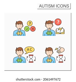 Autism spectrum disorder color icons set. Socially awkward, learning disability, repeating words, phrases, noises. Atypical behavior.Neurodevelopmental disorder concept. Isolated vector illustrations