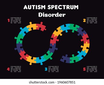 Autism Spectrum Disorder  Colorful infinity infographic puzzle vector black background