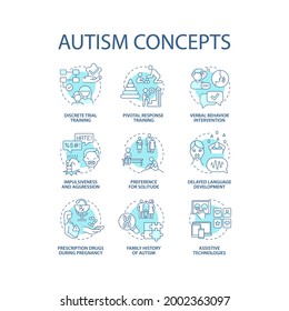 Autism spectrum disorder concept icons set. Developmental disabilities idea thin line color illustrations. Impulsiveness and aggression. Vector isolated outline drawings. Editable stroke