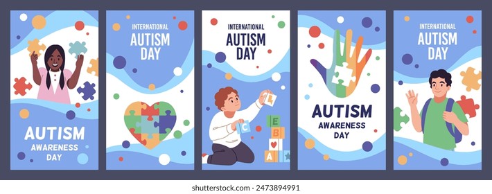 Autism spectrum disorder. Congenital mental disorder, children with special needs and character, world awareness day. Hyperactivity and ADHD cartoon flat isolated tidy vector cards set