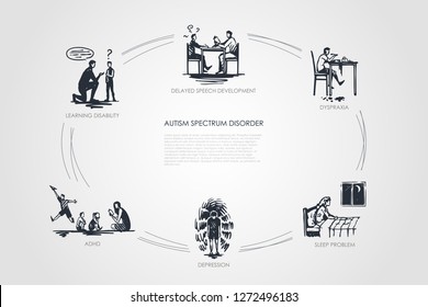 Autism spectrum disorder - delayed speech development, dyspraxia, sleep problem, depression, adhd, learning disability vector concept set. Hand drawn sketch isolated illustration