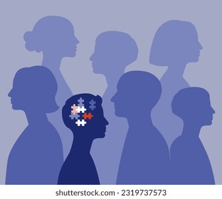 Autism spectrum disorder illustration. Crowd silhouette including one different person. Neurodiversity concept.