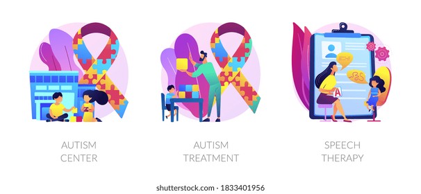 Trastorno del espectro autista, enfermedad neuroontogenética, retraso del desarrollo mental. Centro de autismo, tratamiento de autismo, metáforas de terapia del habla. Ilustraciones de metáforas conceptuales aisladas por vectores.