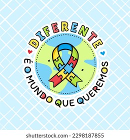 Autism symbol on the drawing of a planet with the phrase different is the world we want