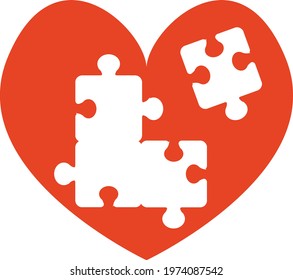 Autism symbol. Red heart with puzzle holes. Holes in the form of puzzle pieces. Vector illustration in flat style. Isolated clipart on white background