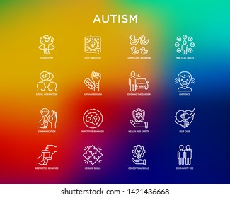 Autism symptoms and adaptive skills thin line icons set: repetitive behavior, stereotypy, ignoring of danger, autoaggression, hysterics, communication, social interaction. Modern vector illustration.