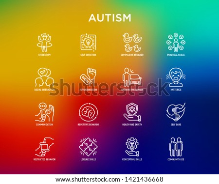 Autism symptoms and adaptive skills thin line icons set: repetitive behavior, stereotypy, ignoring of danger, autoaggression, hysterics, communication, social interaction. Modern vector illustration.