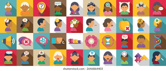  Autism symptoms icons set. Colorful icons representing various symptoms and challenges associated with dyslexia, including difficulties with reading, writing, speaking, and memory