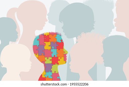 Autism syndrome concept. Jigsaw Puzzle that forms the head of a child s profile With other children background. Learning support and education. Neurological Disease. Mind and brain