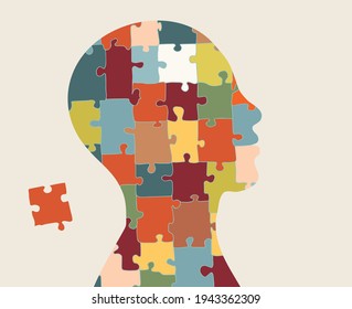 Autism syndrome concept. Jigsaw that forms human head in profile. Learning support and education. Neurological Disease. Mind and brain. Conceptual. Hand drawn puzzle