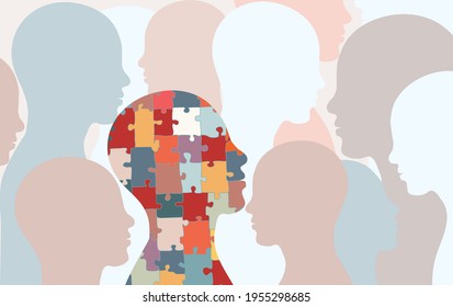 Autism syndrome concept. Jigsaw that forms human head in profile With other people's background. Learning support and education. Neurological Disease. Mind and brain. Conceptual