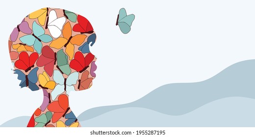 Autism syndrome concept. Puzzle of butterflies that forms a child's head in profile. Learning support and education. Neurological Disease. Mind and brain.Conceptual. Banner copy space
