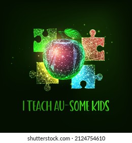 Autism teacher vector illustration. I teach Au-some kids phrase with colorful puzzle pieces and apple