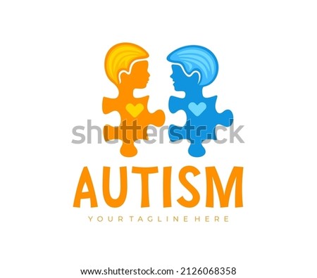 Autism therapy, children communication and puzzles, logo design. Health care, medicine, psychology and disease, vector design and illustration