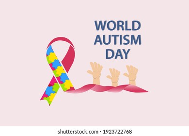 Autism vector concept: World autism day text with ribbon puzzle and hands 