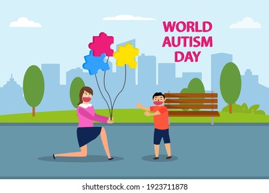 Autism vector concept: Young mother giving balloon puzzle to autistic boy in the park while wearing face mask in new normal