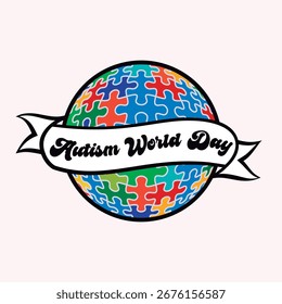 Dia Mundial do Autismo. Quebra-cabeça de globo com vetor de fita. isolado no plano de fundo branco.