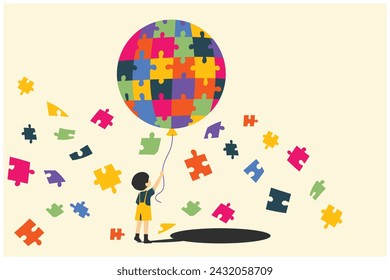 autism-autistic awareness day, kid holding colorful puzzle balloon. vector illustration