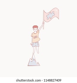 Autistic boy standing on top of a mountain and holding a flag with ASD symbol. World autism awareness day. Vector illustration. 