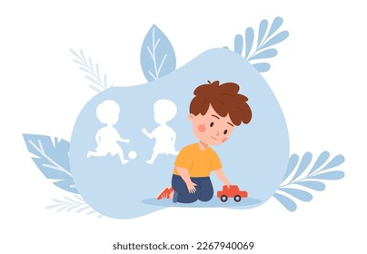 Autistic child with a community adjustment problem prefers to play alone, flat vector illustration isolated on white background. Features of children with autism.