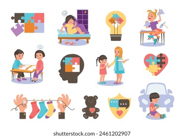 Autistic kids. Children with autism spectrum mental disorder. Puzzles love heart. Naughty girl in school. Hands and human head. Special boys and girls behavior. Splendid