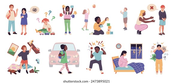 Autistic kids. Special boys and girls, hyperactivity, isolation, love of puzzles, communication problems, autistic spectrum disorder. Childish behavior cartoon flat isolated tidy vector set