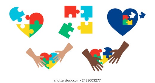 Autistic Pride Day colorful icons set. World Autism Month, signs and symbols from puzzles. Collection vector illustration - Autism spectrum disorder elements. Autistic awareness set, jigsaw puzzles.