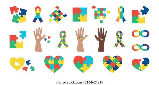 Autistic Pride Day Set Colorful Icons. World Autism Month, Signs And Symbols From Puzzles. Collection Vector Illustration - Autism Spectrum Disorder Elements. Autistic Awareness Set, Jigsaw Puzzles.