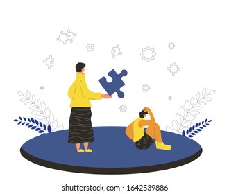 Autizm therapy. Psychotherapy counseling for patient child. Character with puzzles piece symbol try to help person with some mental issues. Vector flat cartoon illustration.