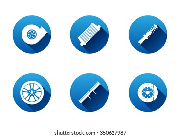 Auto accessories and tuning parts. Icons set in a flat style, black on a white background
