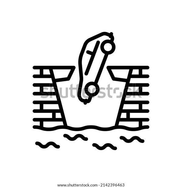 Auto Accident\
Icon. Collapse Of Bridge. Falling Car. Vector sign in simple style\
isolated on white\
background.