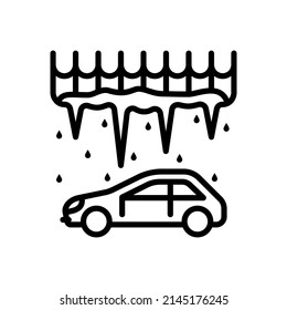 Auto Accident Icon. Collapse Of Snow On Roof Of Car. Falling Drops, Icicles. Warning Of Danger. Vector Sign In Simple Style Isolated On White Background