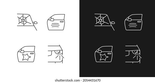 Auto accident types linear icons set for dark and light mode. Windscreen damage. Door panel dents. Customizable thin line symbols. Isolated vector outline illustrations. Editable stroke