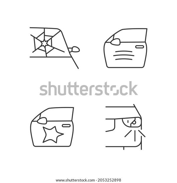 Auto accident types linear icons set. Windscreen\
damage. Door panel dents. Paint scratch on car. Customizable thin\
line contour symbols. Isolated vector outline illustrations.\
Editable stroke