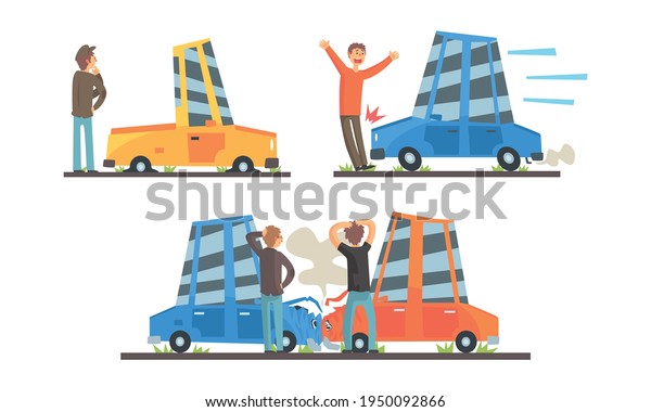 Auto Accidents on Road Set, Male Drivers\
Standing on Roadside at Crashed Automobiles, Auto Insurance Concept\
Cartoon Vector\
Illustration