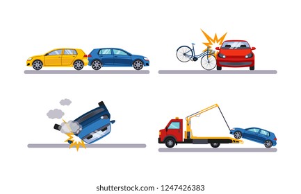 Auto accidents set, car crash flat vector Illustration on a white background