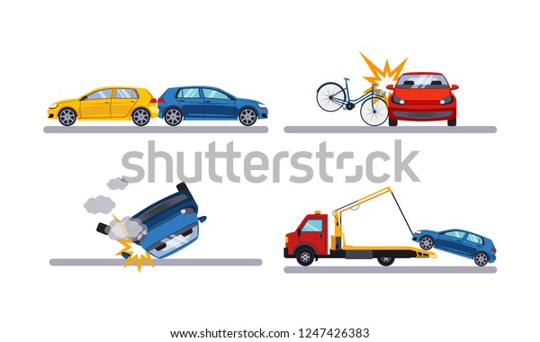 Auto accidents set, car crash flat vector\
Illustration on a white\
background