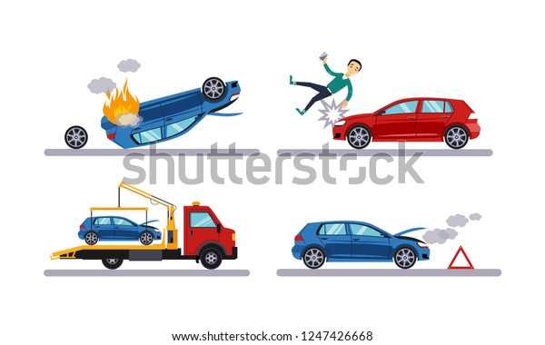 Auto accidents\
set, car crash, man hitting by a car, evacuation flat vector\
Illustration on a white\
background