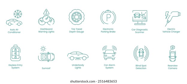 Auto Air Conditioner, Dashboard Warning Lights, Tire Tread Depth Gauge, Electric Parking Brake, Car Diagnostic Scanner, Electric Vehicle Charger, Keyless Entry System, Sunroof vector icon set