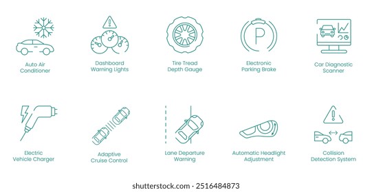 Acondicionador de aire automático, Luces de advertencia del tablero de instrumentos, Indicador de profundidad de la banda de rodadura de los neumáticos, Freno de estacionamiento eléctrico, Escáner de diagnóstico del coche, Cargador de vehículo eléctrico, Conjunto de iconos de Vector de control de crucero adaptable