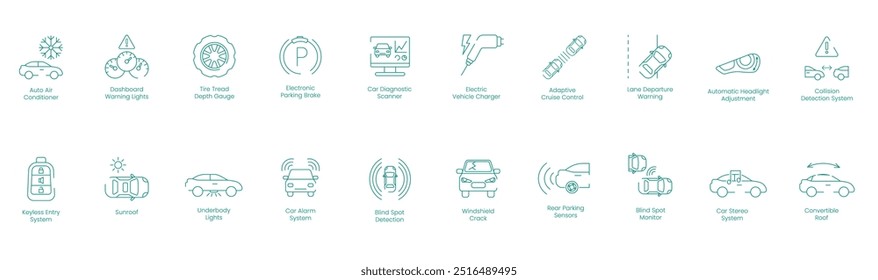 Auto Ar condicionado, Luzes de aviso do painel, Medidor de profundidade do pneu, Freio de estacionamento elétrico, Scanner de diagnóstico de carro, Carregador de veículo elétrico, Controle de cruzeiro adaptativo, Aviso de saída da faixa Ícones vetoriais