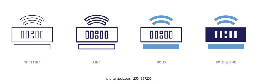 Auto alarm clock icon in 4 different styles. Thin Line, Line, Bold, and Bold Line. Duotone style. Editable stroke.