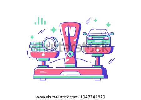Auto and amount of money vector illustration. Metal scale with automobile and coins flat style. Compare weights of things. Trade and finance concept. Isolated on white background