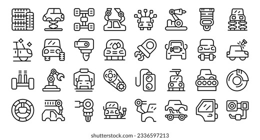 Los iconos de ensamblaje automático establecen el vector de contorno. Fábrica de robots. Industria del automóvil