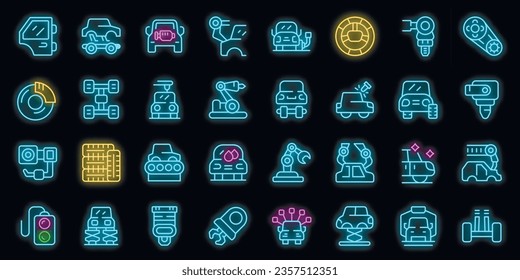 Los iconos de ensamblaje automático establecen el vector de contorno. Fábrica de robots. Color del neón en la industria del automóvil en negro
