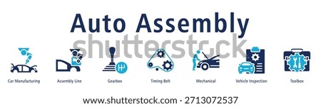Auto Assembly web banner icon vector illustration with icons of Car Manufacturing, Assembly Line, Gearbox, Timing Belt, Mechanical, Vehicle Inspection and Toolbox.